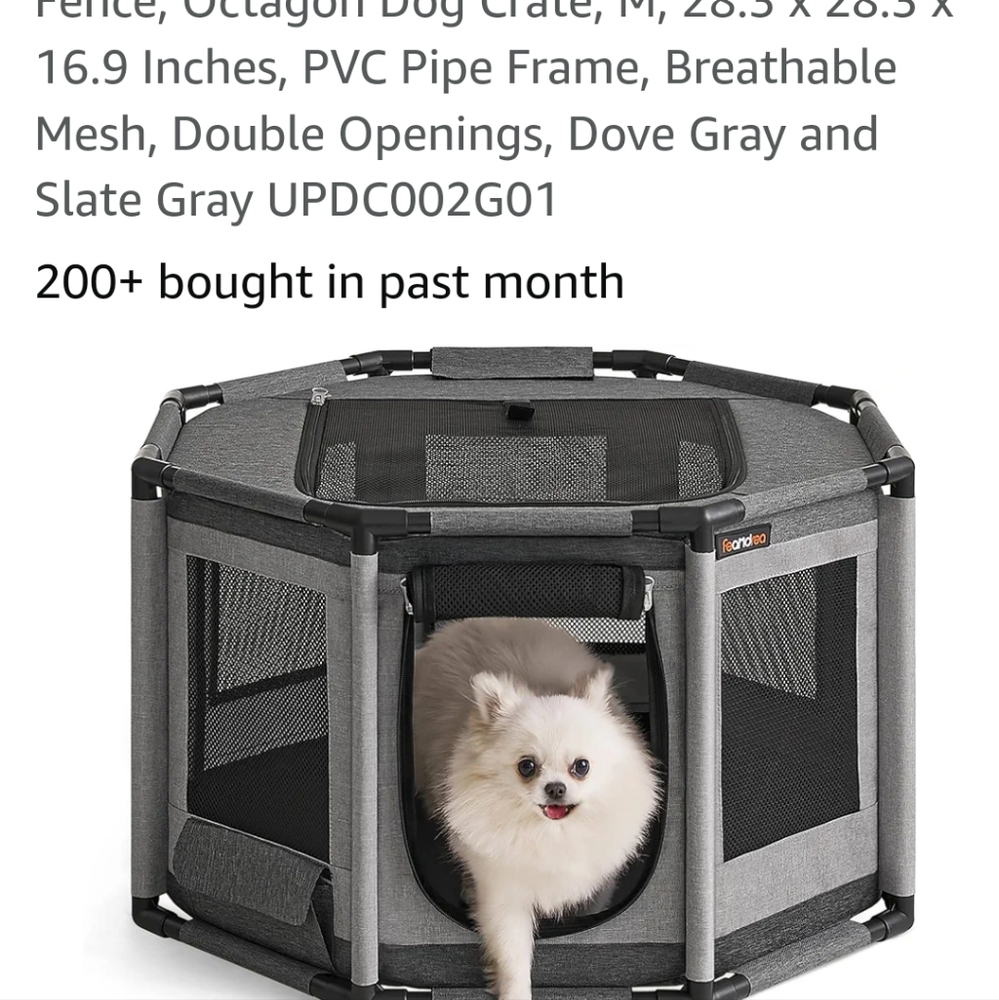 Feandrea dog playpen, 28 x 28 x 16" octagon shaped, grey oxford fabric